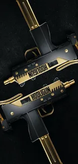 Black and gold gun design on dark background wallpaper.