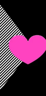 Pink heart on black and white striped background wallpaper.