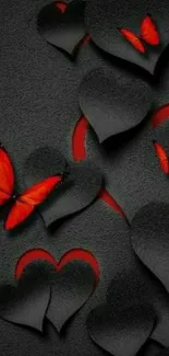 Red butterflies and black hearts wallpaper.