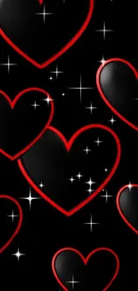 Black hearts with red outlines on black background.