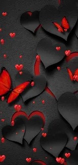 Black and red heart wallpaper with butterflies.