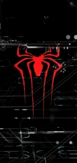 Black wallpaper with red spider logo design.