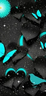 Teal butterflies and hearts on a black background for mobile wallpaper.