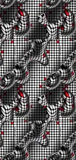 Black and white abstract pattern with red accents.