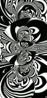 Black and white abstract swirling wallpaper with intricate design.