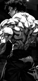 Muscular anime character in grayscale art.