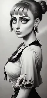 Elegant black and white art portrait with sunflower accent.