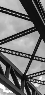 Black and white bridge structure against cloudy sky backdrop.