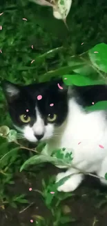 Adorable black and white cat with green leaves and pink petals.