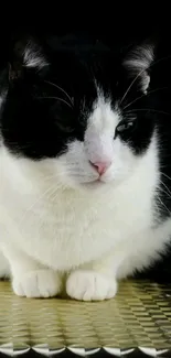 Peaceful black and white cat on a dark background.