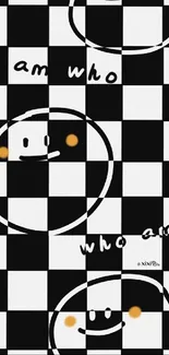 Black and white checkered wallpaper with smiley face art.