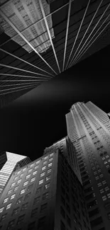 Black and white cityscape showing towering skyscrapers.