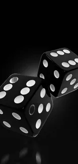 Black and white dice with white dots on a reflective surface.