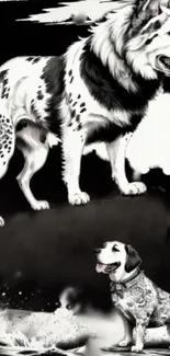 Black and white artistic illustration of two dogs on wallpaper.