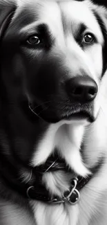 Black and white dog portrait with a focused expression, perfect for mobile wallpaper.