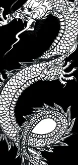 Monochrome dragon illustration on black background, perfect for phone wallpaper.