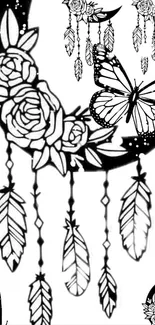 Black and white dreamcatcher with roses and butterfly design.