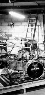 Black and white wallpaper of a music room with drums and guitar.