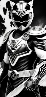 Black and white hero in futuristic armor standing confidently.