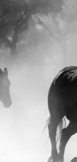 Silhouette of running horses in grayscale atmosphere.