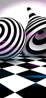 Black and white geometric illusion art wallpaper with hypnotic patterns.