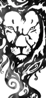 Black and white illustration of a lion with artistic swirls.