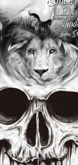 Black and white lion and skull artistic wallpaper.