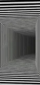 Black and white geometric optical illusion wallpaper with striped tunnel effect.