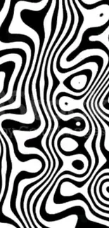 Black and white optical illusion pattern with flowing abstract lines.