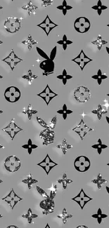 Black and white patterned wallpaper with luxury and playful motifs.