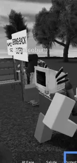 Grayscale Roblox characters with signs in a virtual world setting.