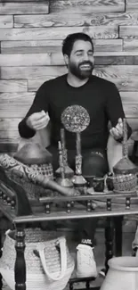 Monochrome wallpaper of a man with rustic decor and wooden background.