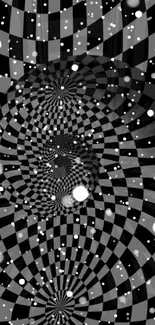 Black and white spiral illusion design with floating white dots.