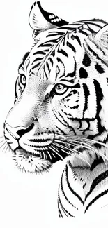 Detailed black and white illustration of a tiger for mobile wallpaper.