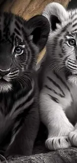 Two tiger cubs, one black and one white, with striking features.