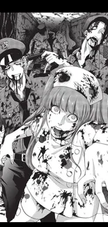 Black and white anime horror scene with zombies in manga style.