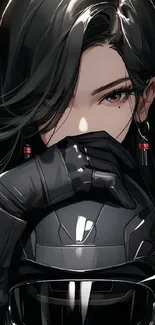 Anime character with black hair and mysterious eyes holding helmet.