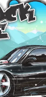 Black sports car illustration with mountain backdrop.