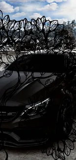 Black luxury car with leaf art on a scenic background.