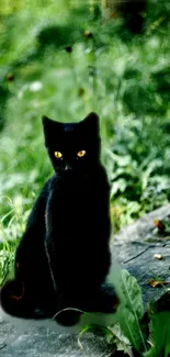 Black cat sitting on a rock surrounded by greenery in a forest setting.