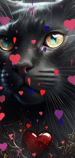 Elegant black cat mobile wallpaper with vibrant heart designs.