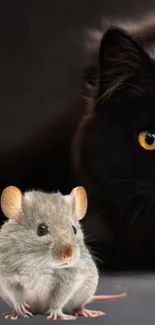 Wallpaper of a black cat and a mouse on a dark background.