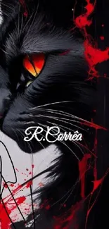 Black cat with red and orange accents on a dark background.