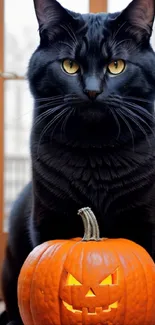 Majestic black cat with pumpkin, Halloween mobile wallpaper.