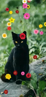 A black cat sits peacefully in a lush, green forest.