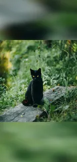 Black cat sitting in lush green forest on wooden path.