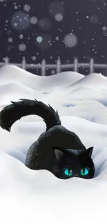 Black cat in snowy landscape, vivid eyes.