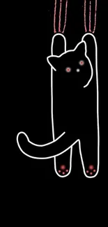 Minimalist black cat hanging on a black background.