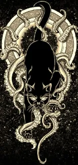 Artistic black cat with octopus design wallpaper.