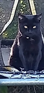 Black cat with golden eyes sitting on trampoline.